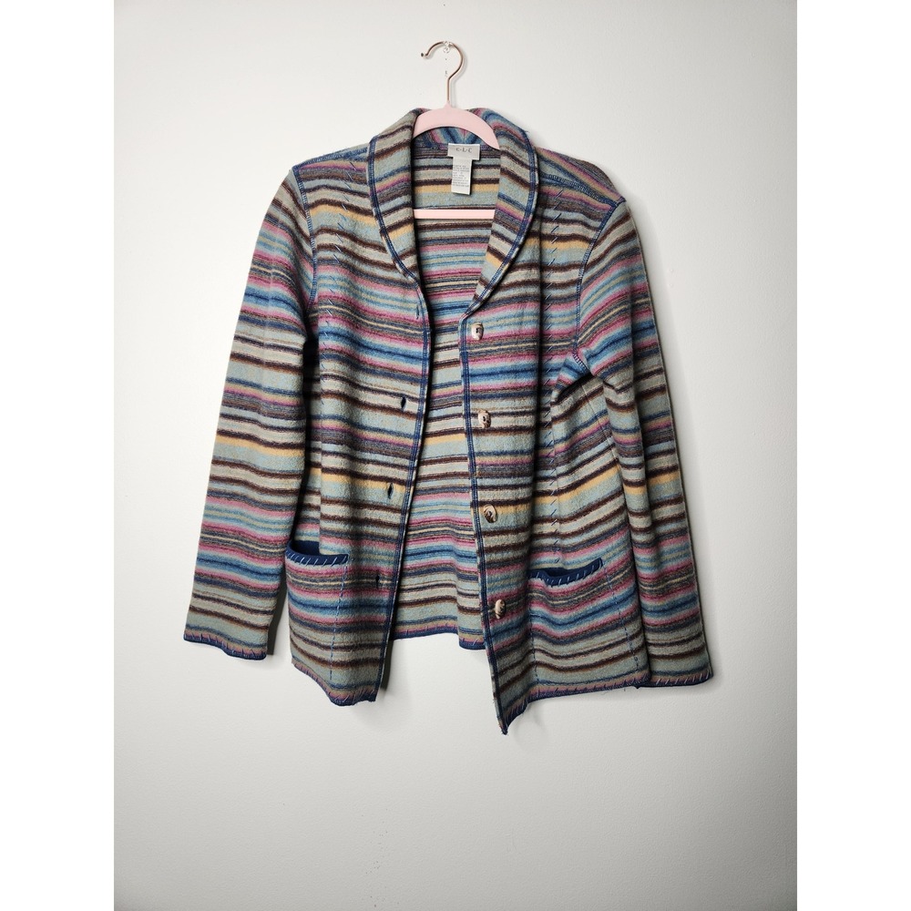 CLC Vintage‎ Wool Striped Button Front Jacket Colorful Cardigan Sweater S